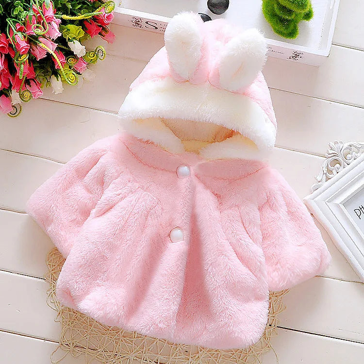 Winter Kids Jacket Newborn Girls Clothes Korean Cartoon Cute Hooded Thick Warm Fake Fur Fleece Pink Baby Tops Toddler Coat BC719