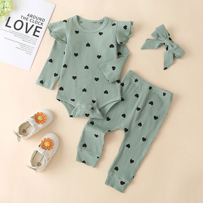 3Pcs Baby Girl Outfit Set Newborn Toddler Kids Clothing Set Baby Girls Lace Ruffles Cotton Bodysuit +Pants+Headband Clothing