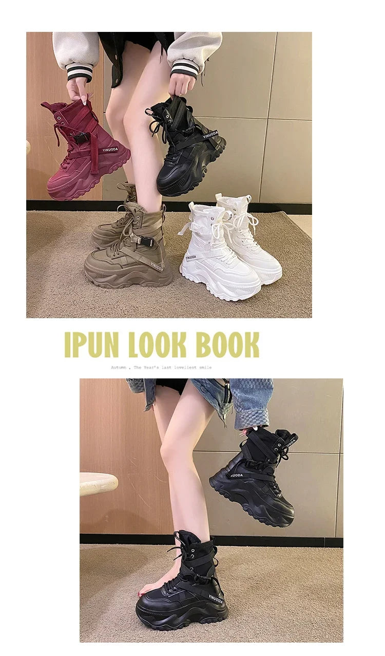 Hot Fashion Women Chunky Platform Motorcycle Boots White Lace Up Thick Bottom Shoes Woman Autumn Winter Ankle