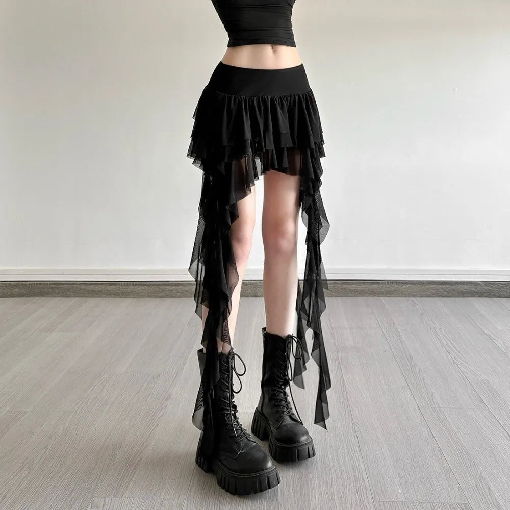 Casual High Waist Women's Tiered Skorts Layered Asymmetrical Hem Mini Skirt Ruffled Flowy Goth Skirt Summer Wear
