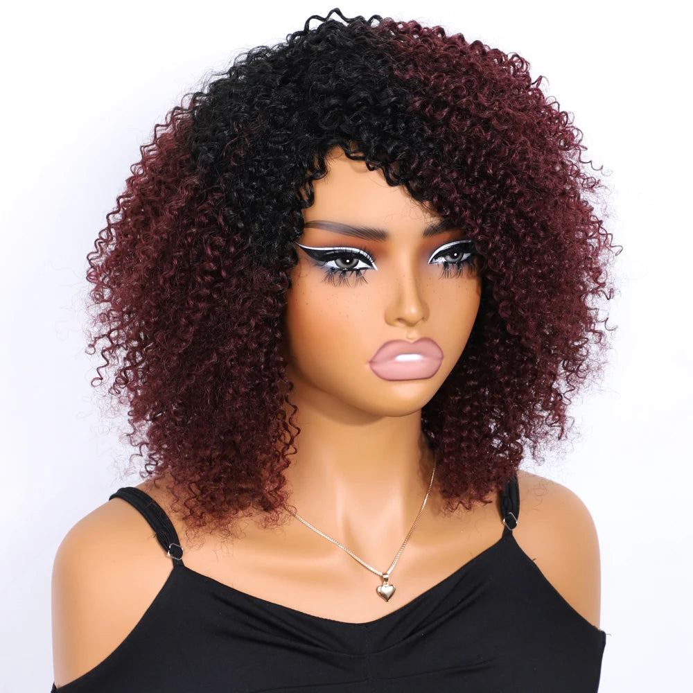 Lekker Highlight Brown Kinky Curly Bob 100% Human Hair Wigs For Women Brazilian Remy Hair Full Machine Made Clearance Curly Wigs