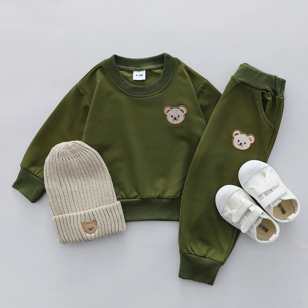 2PCS Children's Set Spring and Autumn Simple Little Bear Head Round Neck Long Sleeve Pants Outdoor Set for Young Children