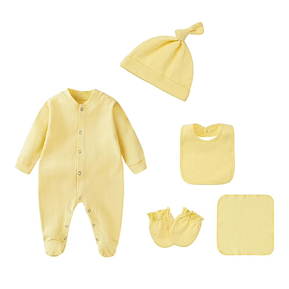 100% Cotton Newborn Baby Sets Hospital Baby Girl Clothes Set Pink Long Sleeve Footed Romper+Hat+Drool Bib+Glove Outfits Gift Box