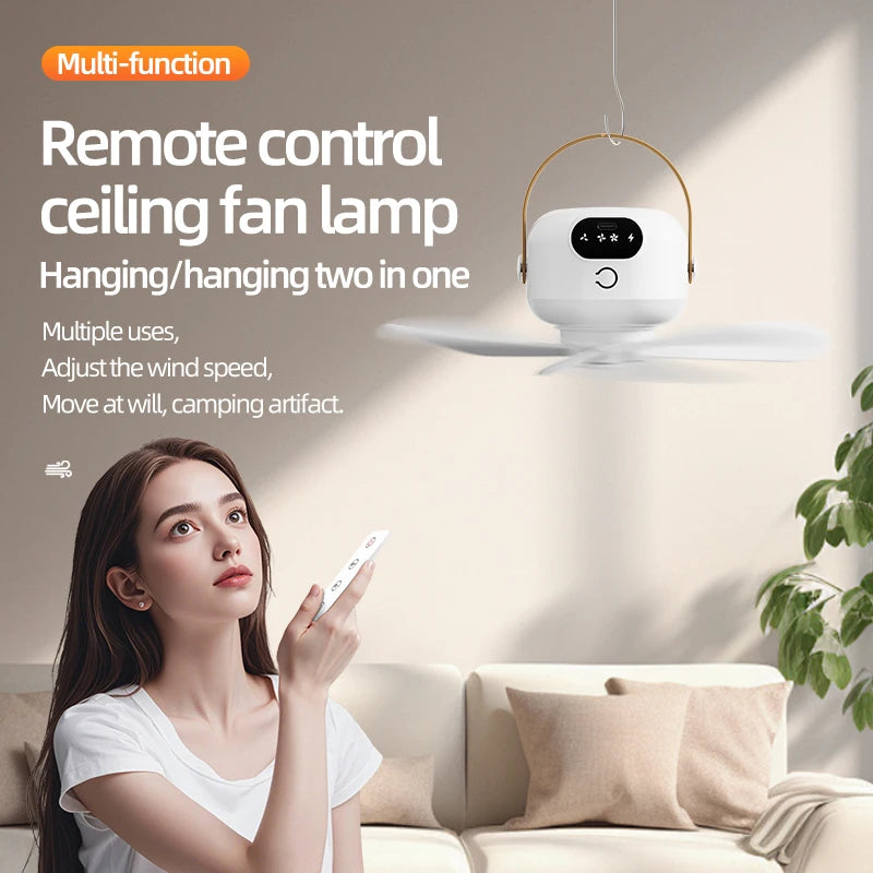 Portable Mini Ceiling Fans Outdoor Camping Fan Tent Ventilator Cooler Rechargeable Electric Fan Remote Control LED Lighting
