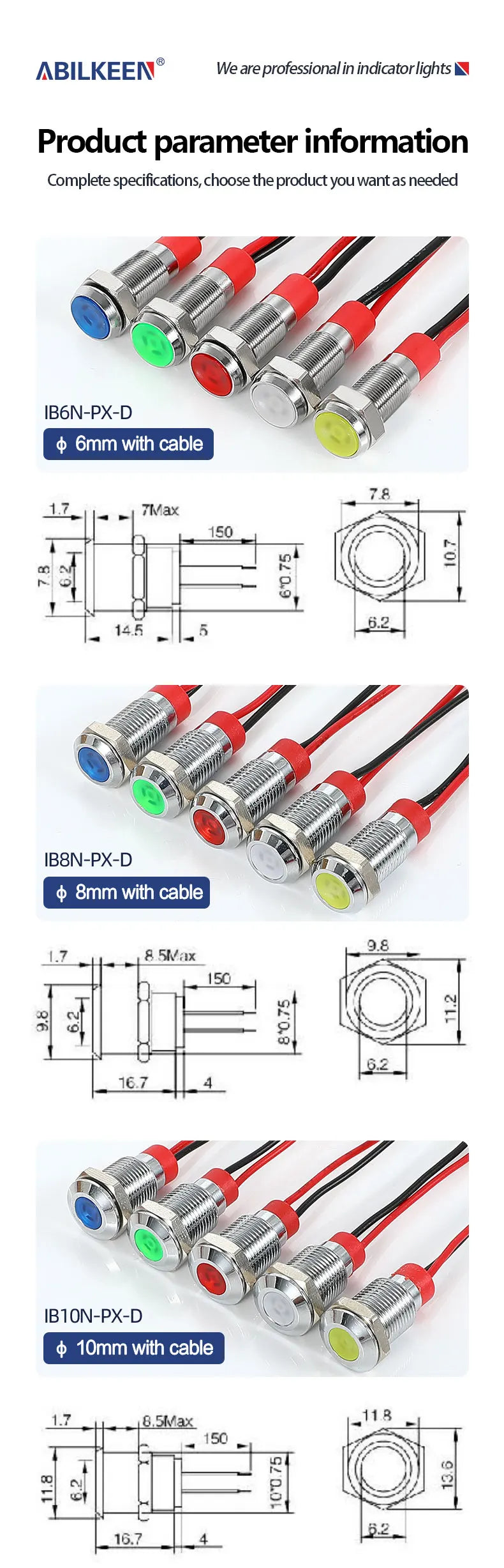ABILKEEN 20PCS 6MM Mini Industrial Signal Indicator Light 3-6V 12-24V 110V 220V  IP65 Waterproof Metal Pilot Light