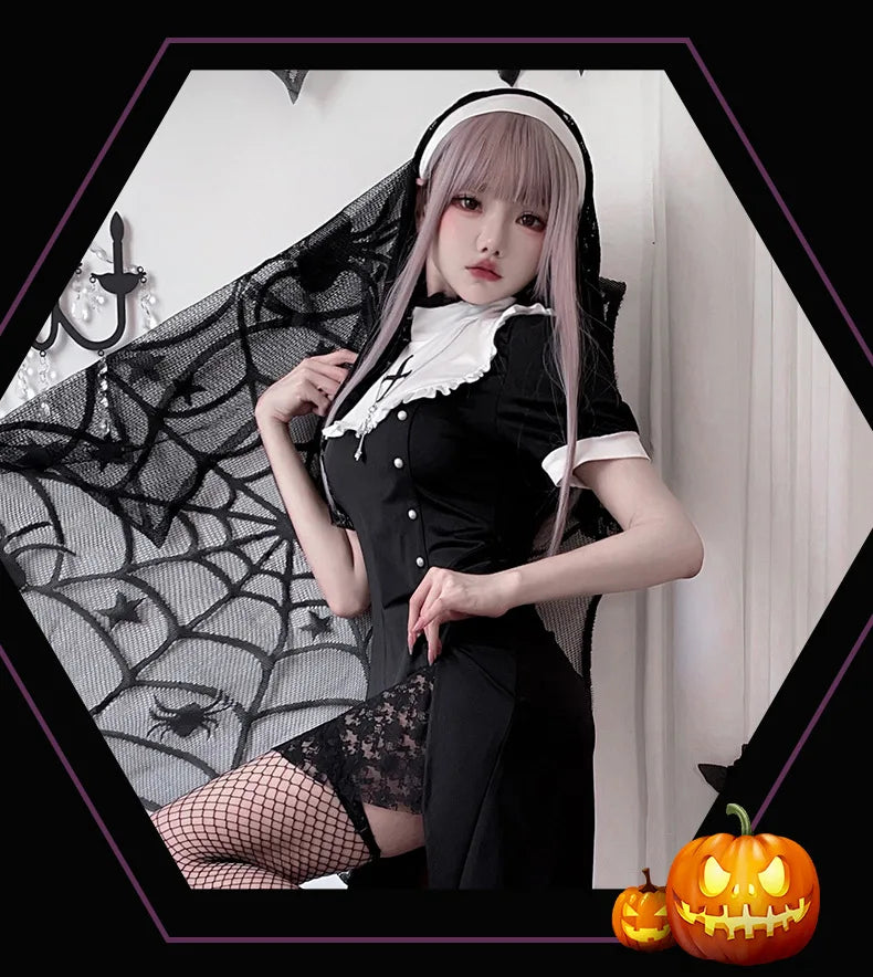 [You're My Secret] 2026 Halloween Cosplay Costumes Women's Vampire Costume Gothic Nun's Clothing Sexy Lace Slim Fit Black Dress