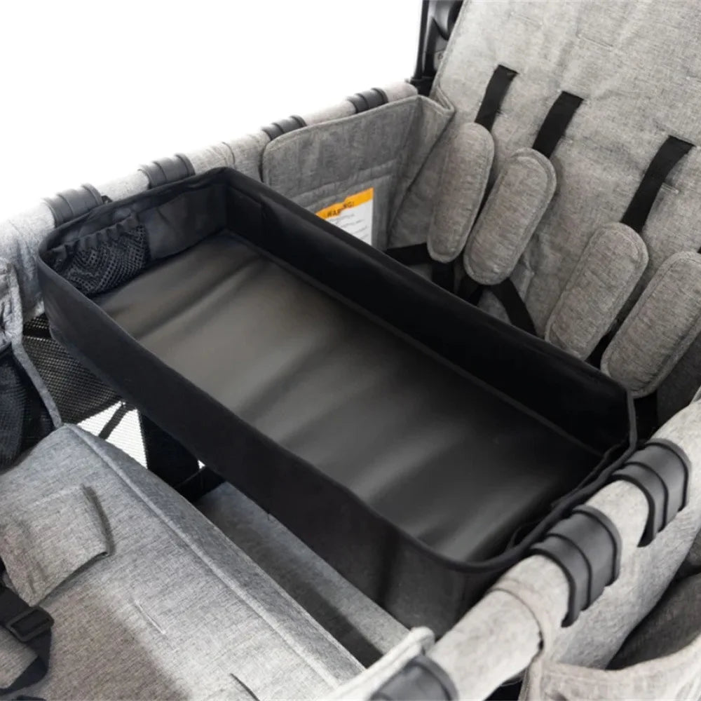 Double Sided Stroller Tray for Snacks & Activities Featuring Faux Leather Side for Eating, Polyester Side for Activities