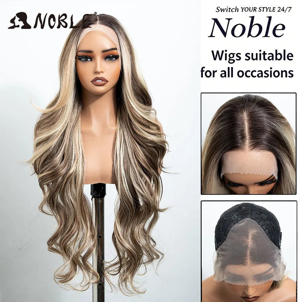 Noble 30 Inch Synthetic Lace Front Wigs For Women Curly Ash Blonde Highlight 13x4 Body Wave Silk Base Lace Wig Cosplay Daily Wig