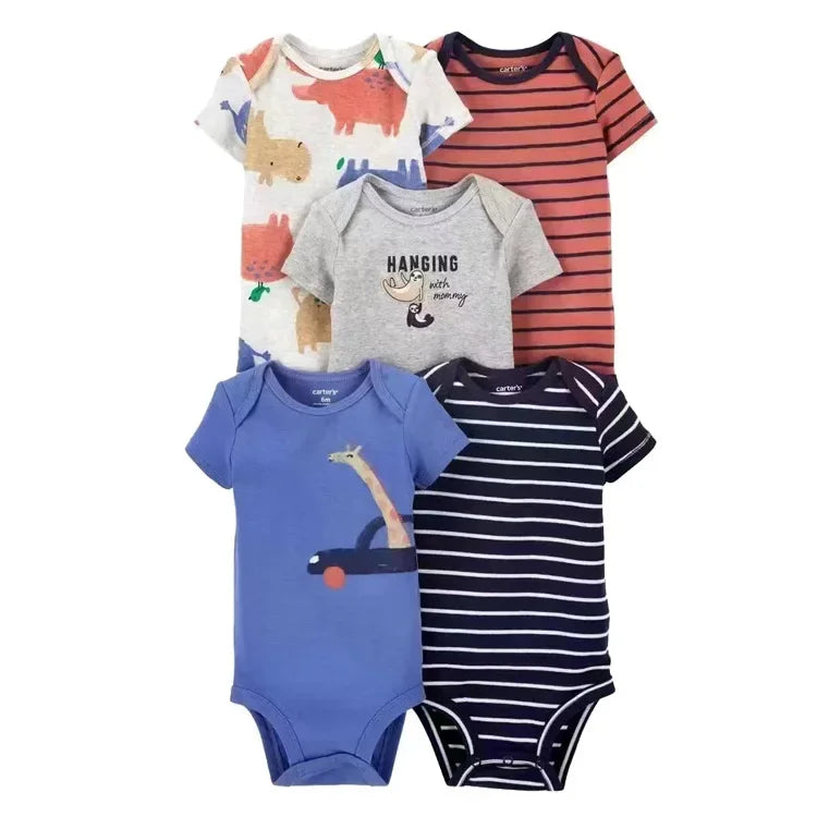 LIEMEI (Baby 0-24M)5 pcs Baby New  Romper Summer Onesie Pajama Cotton Boy Girl Clothes Newborn Zipper Footies Jumpsuit Short-Sle