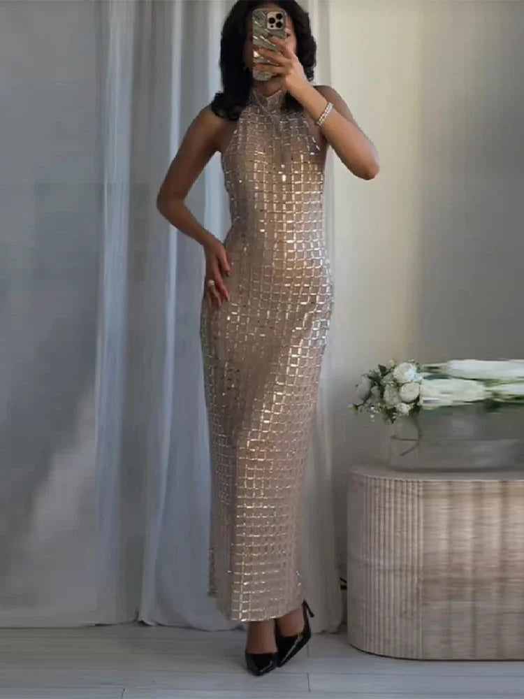 Sexy Lady Sequin Halter Maxi Dress Sleeveless O Neck Backless Party Long Robe 2026 Spring New Luxury Evening Dresses