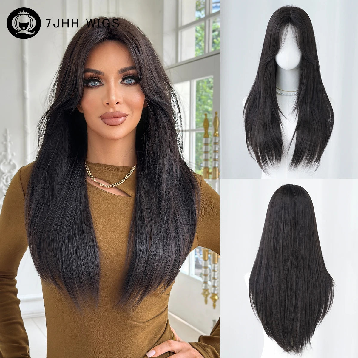 Long Straight Dark Brown Wig High Density Synthetic Middle Part Wigs with Curtain Bangs for Women Daily Party Use