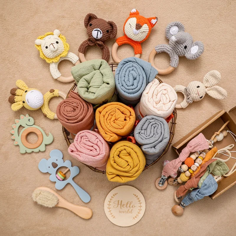 Baby Bathing Mouth Water Towel Pacifier Set Baby Full Moon Milestone Cards Wood Ring Rattle Bath Towel Wool Brush Birthday Gifts