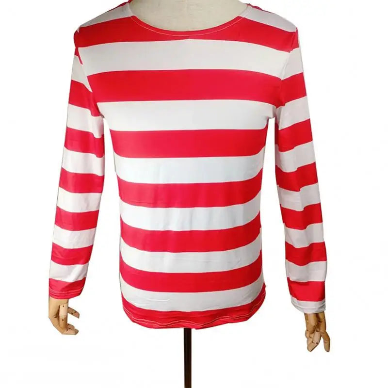 Wheres Waldo Cosplay Costume Red Striped Shirt Role Play Clothes Hat Glasses Socks Halloween Christmas Family Dress Up Outfits