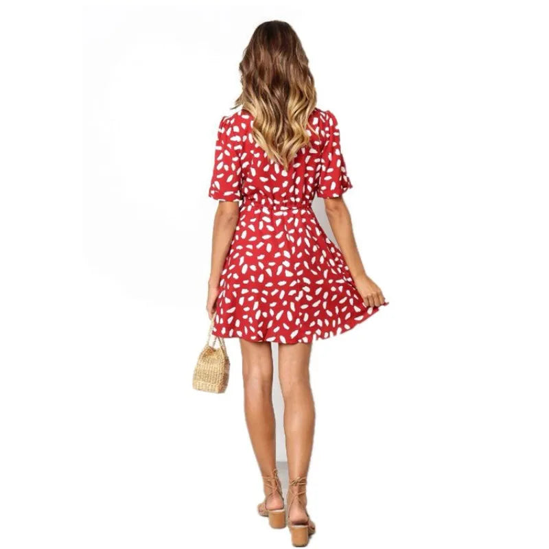 White Sand Spot Mini Summer Dresses Women V Neck Casual Beach Sundress Sexy Botton Wrap Bodycon Dress Female