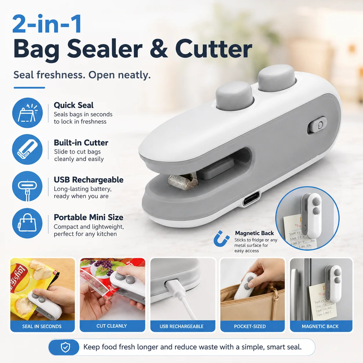 1PC Portable Mini Heat Sealer Food Bag Sealing Machine Handheld Plastic Snack Bag Resealer Cutter Fit Kitchen Storage Travel Kit