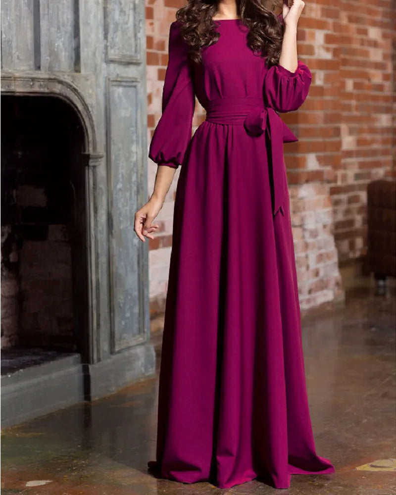 Bohemian Long Summer Dress Casual Lantern Sleeve round Neck Dress Polyester Fiber Mid Waist Print Patchwork Urban Casual Style