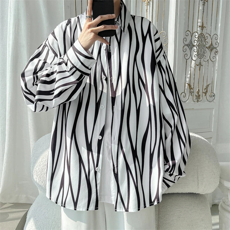 Men's Long Sleeve Striped Shirts Spring New Korean Button Up Shirt Unisex Fashion Casual Oversize Blouse Printed Clothing