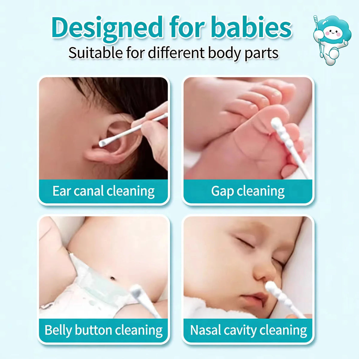 Sterile Baby Cotton Swabs Double-ended Spiral Head Multifunctional Soft Cleaning Sticks for Infant Ear Nose Cleaning Daily Care