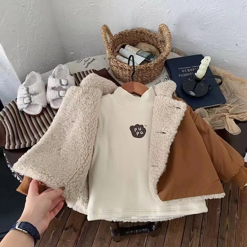 2025 Winter New Baby Warm Lamb Cashmere Hooded Coat Solid Versatile Boys Girls Padded Jacket Plus Velvet Thick Infant Clothes