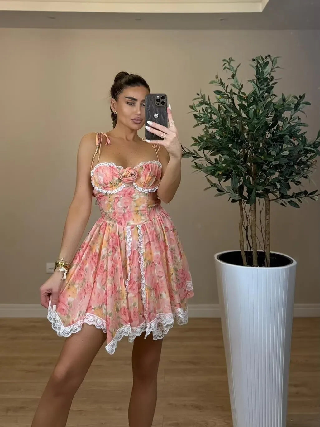 YENKYE Sexy Sling Floral Print Boho Beach Dress Women New 226  Lace Trim  Irregular Hem Holiday Summer Dresses Short Robe