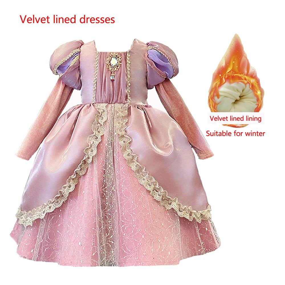 Kids Pink Aurora Princess Lolita Dress Halloween Costume Girl Sleeping Beauty Princess Cosplay Birthday Party Dresses for 2-12Y