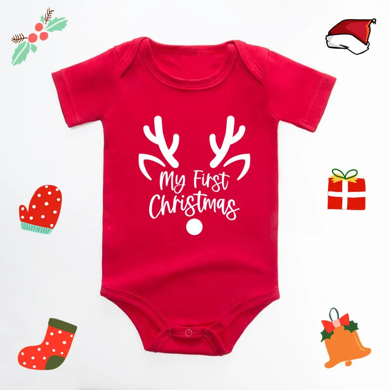 My First Christmas Baby Bodysuit Reindeer Antler Print Short Sleeve Newborn Romper Red Infant Boys Girls First Xmas Photo Outfit
