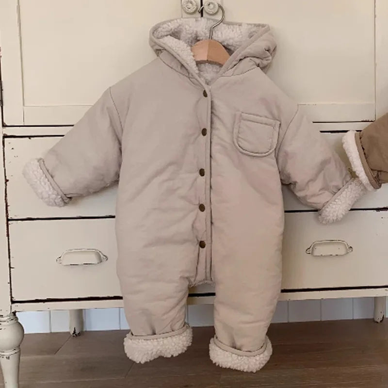 2025 Winter New Baby Fleece Hooded Romper Solid Infant Boy Lamb Cashmere Jumpsuit Plus Velvet Thick Toddler Girl Warm Clothes
