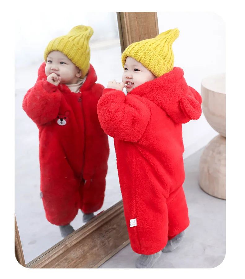 Baby Boy Clothes Cute Plush Bear Baby Rompers Autumn Winter Keep Warm Hooded Infant Girls Overall Jumpsuit Newborn Romper 0-18M