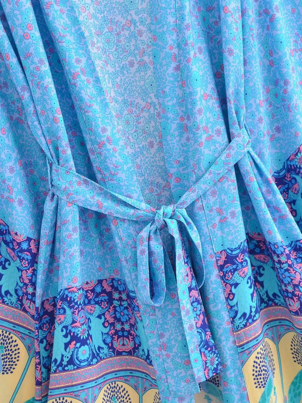 BOHO Women Blue With Pink Flower Print Kimono Shirt Holiday Tide Bow Sashes Mid Long Cardigan Summer Blouse Beach Cape
