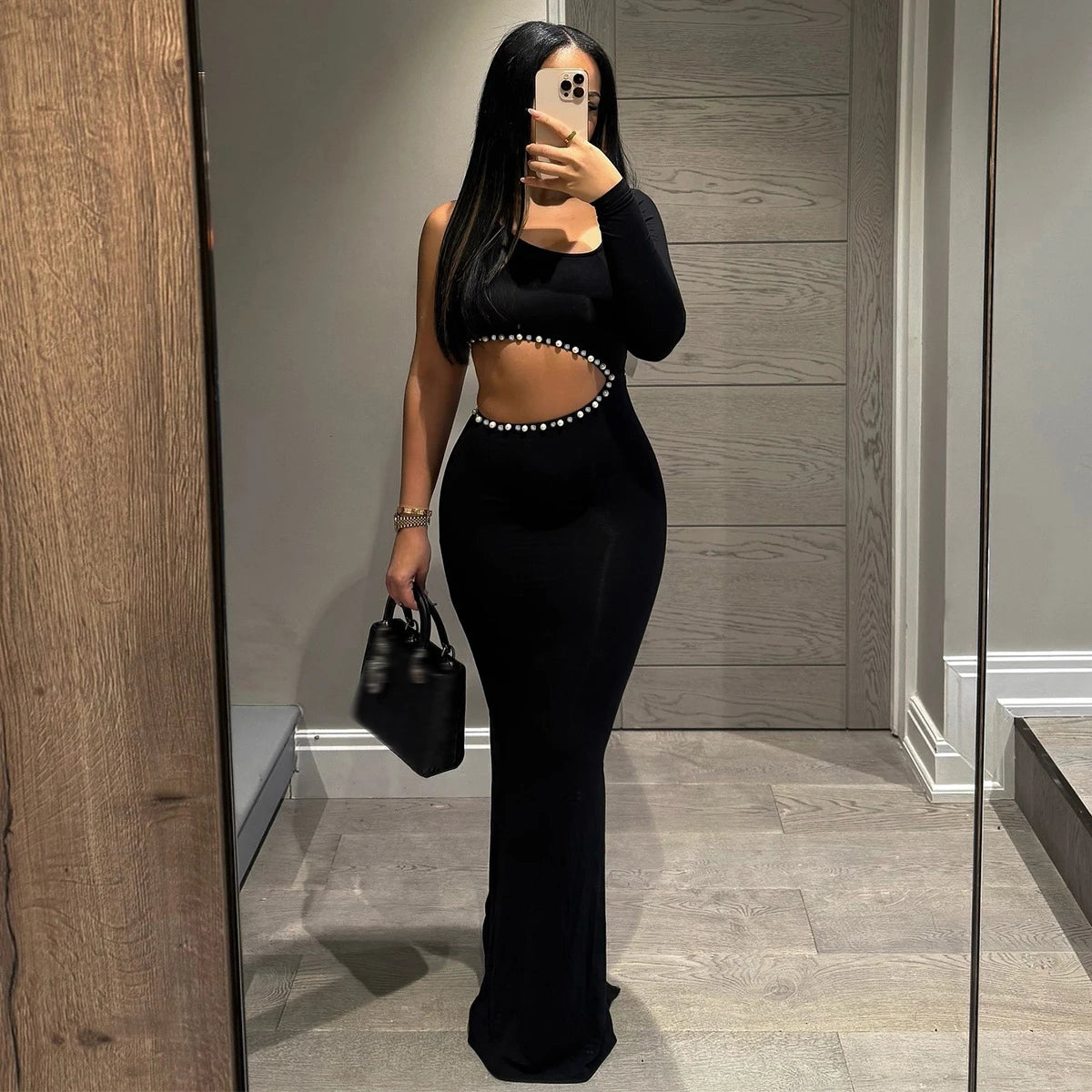 Sexy Slant Shoulder Cut Out Bodycon Maxi Dress Women Diamond Pearl Trim Luxury Party Vestido 2025 Summer Night Prom Clothes