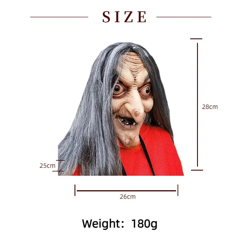 Halloween Old Witch Latex Mask with Long Hair Scary Ghost Face Costume for Party Cosplay & Roleplay