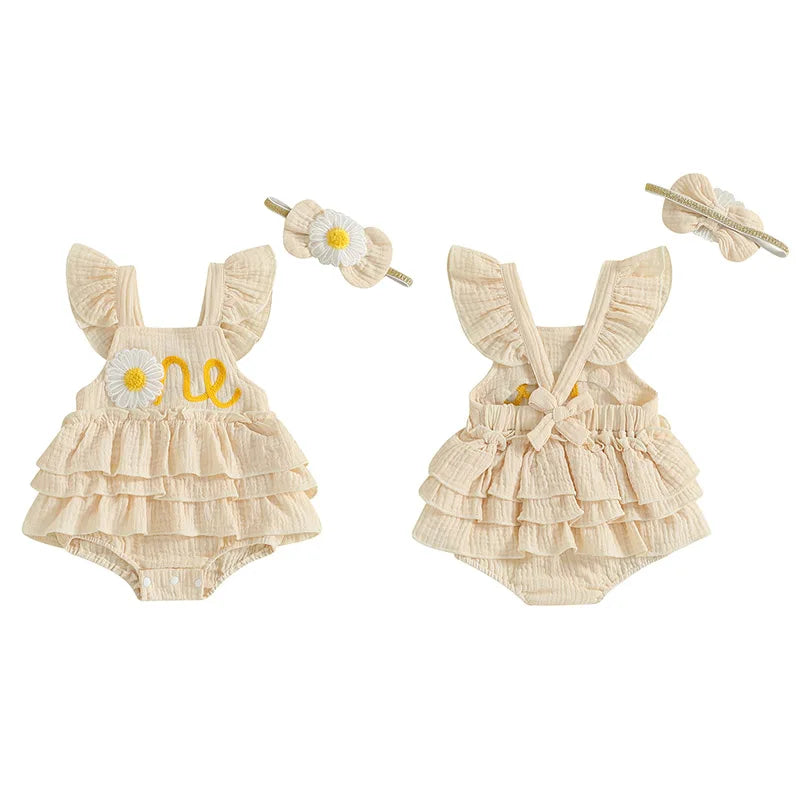 Newborn Baby Girls 1st Birthday Romper Dress Summer Cute Daisy Letter Embroidery Fly Sleeves Ruffles Jumpsuit and Headband Set
