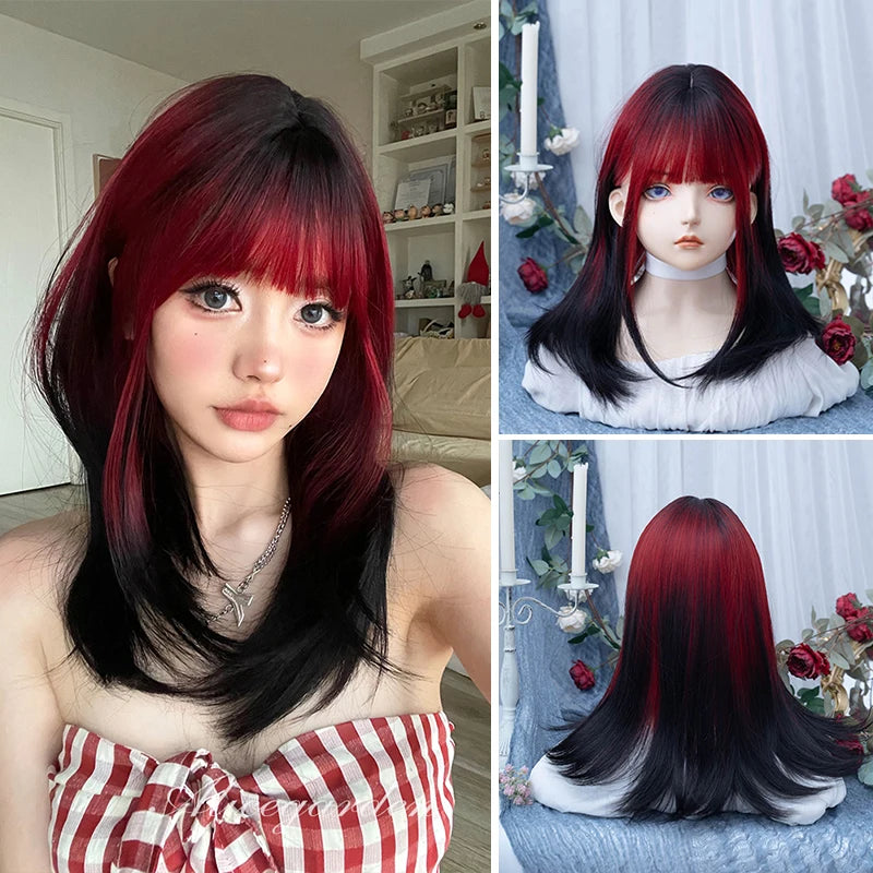 Ombre Pink Brown Wig for Women Cute Lolita Hair Wig with Bangs High Temperature Fibers Synthetic Wigs Headband Wigs for Cosplay