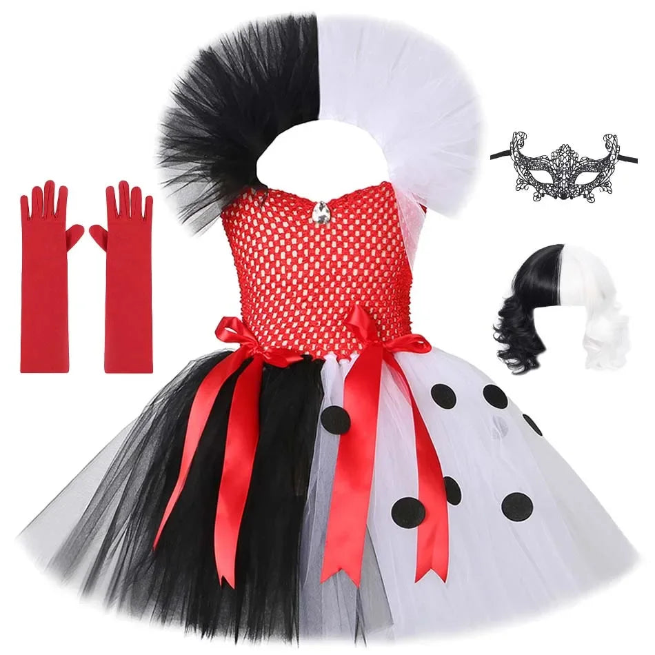 Halloween Crulla Cosplay Costume Cruella Tulle Dress Party Girls Black White Carnival Kids Cruella Wig Lace Mask Suit Clothes