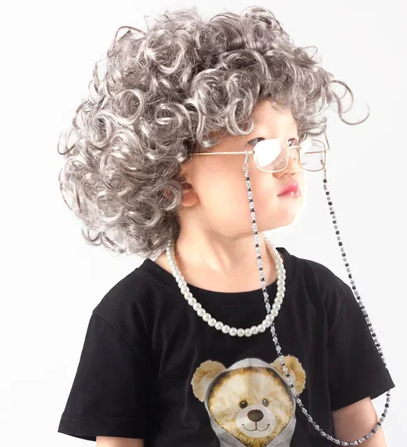 Halloween  Great grandma cosplay older performance costume Kid Halloween wig necklace eyeglass