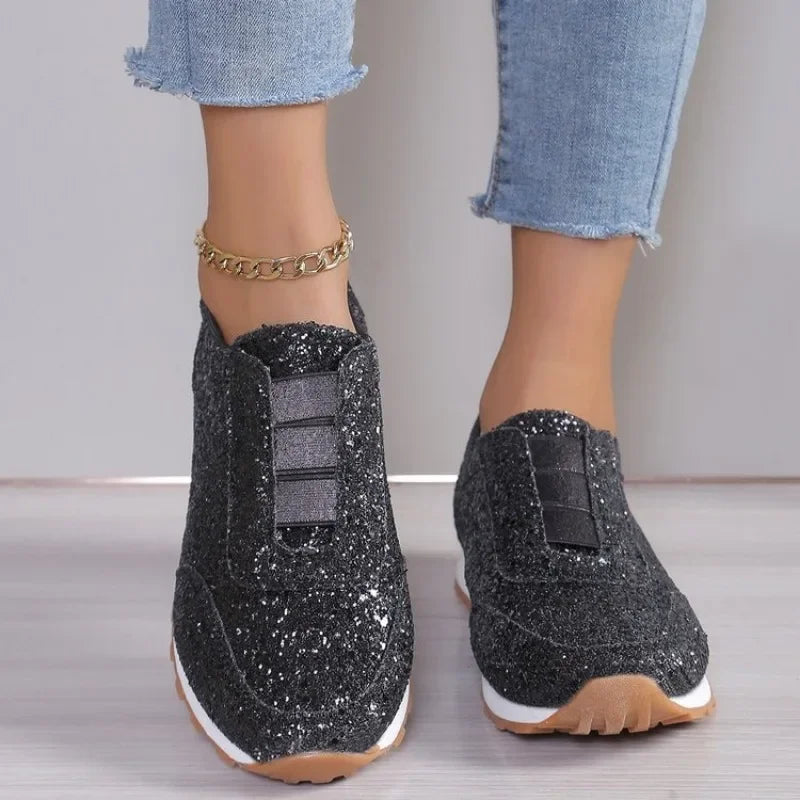 2025 Autumn New Fashion Slip-on Low-heeled Women's Sneakers Gold Silver Trend Sport Shoes Ladies Outdoor Casual Walking Shoes