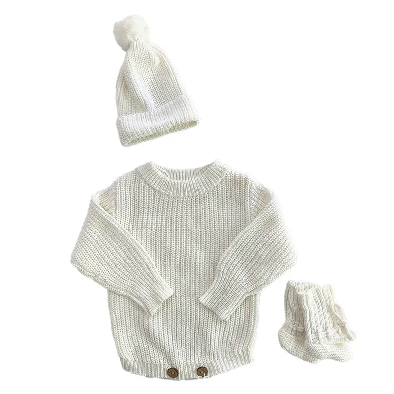 Autumn Baby Knitted Romper Headband Hat Socks Set 3Pcs Solid Color Newborn Outfit Cotton Warm Infant Shower Clothing Gifts