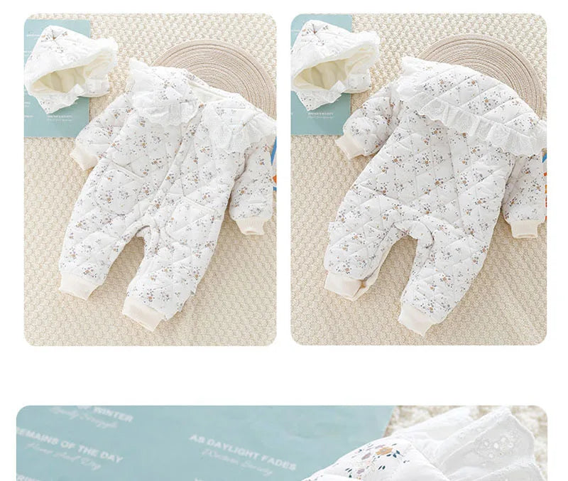 2024 Fall & Winter Baby Clothes 0-2 Y Sweet Toddler Girls Floral Fur Lining Rompers Infant Newborn Warm Jumpsuit with Hat