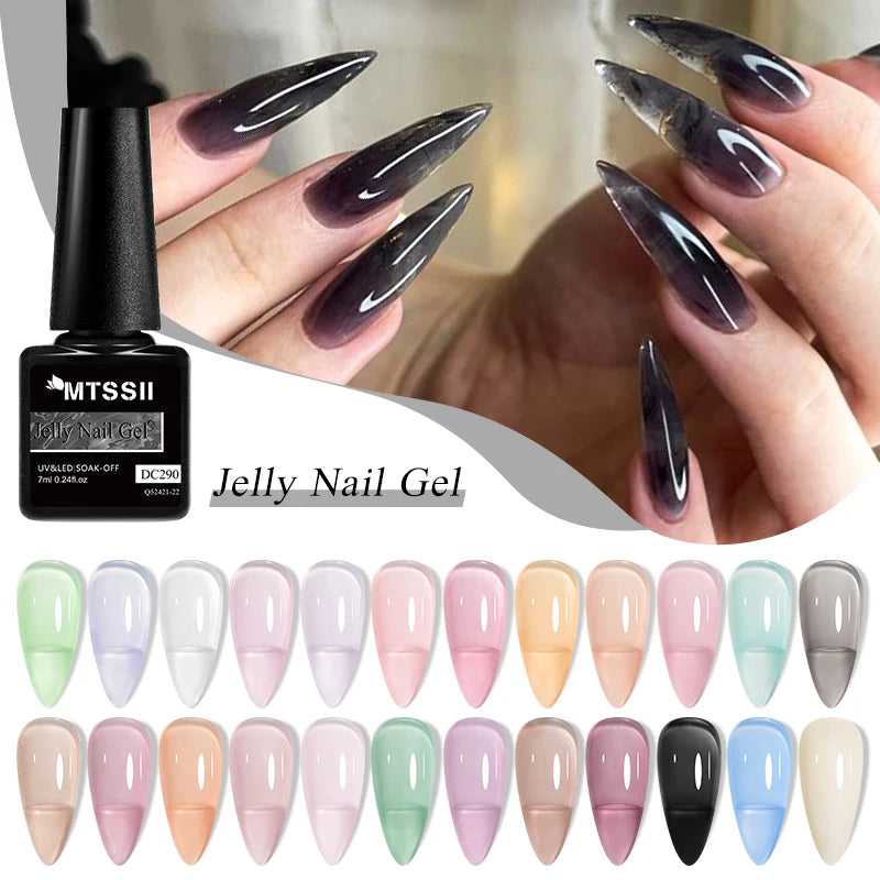 MTSSII 6Pcs/Set Jelly Gel Nail Polish Jelly Transparent Pink Green Black Blue UV Gel Nail Art Varnish Kit Spring Manicure Nails