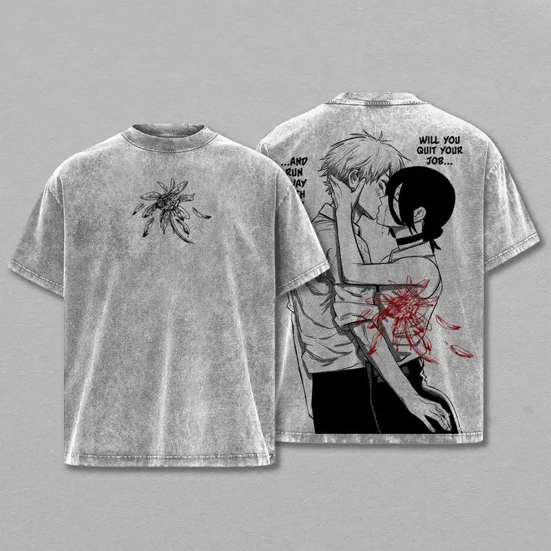 Anime Chainsaw Man Reze Denji Graphic T Shirt Men Women Clothing Casual Cotton Tshirt Vintage Washed T-shirt Harajuku Couple Top