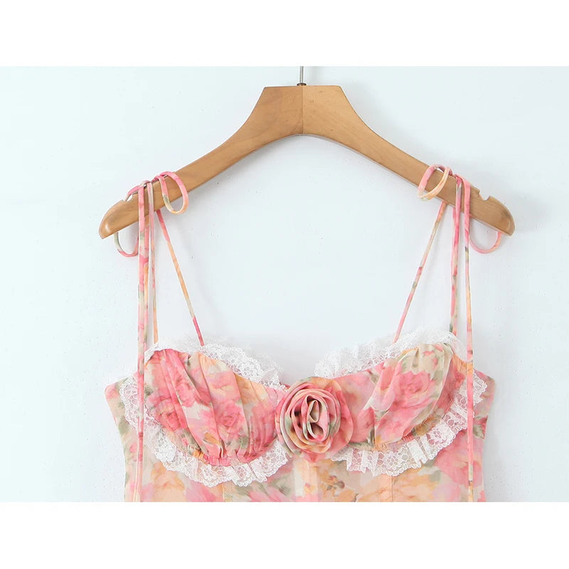 YENKYE Sexy Sling Floral Print Boho Beach Dress Women New 226  Lace Trim  Irregular Hem Holiday Summer Dresses Short Robe