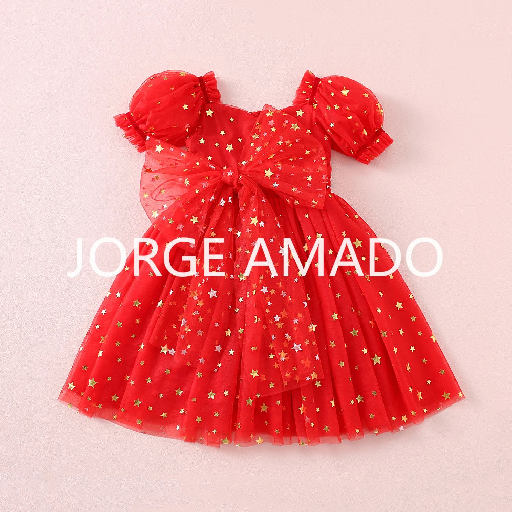 Christmas Summer Baby Girl Sister Matching Outfit Puff Sleeve Big Bow Festive Party Princess Bodysuit Halloween Dresses H2688