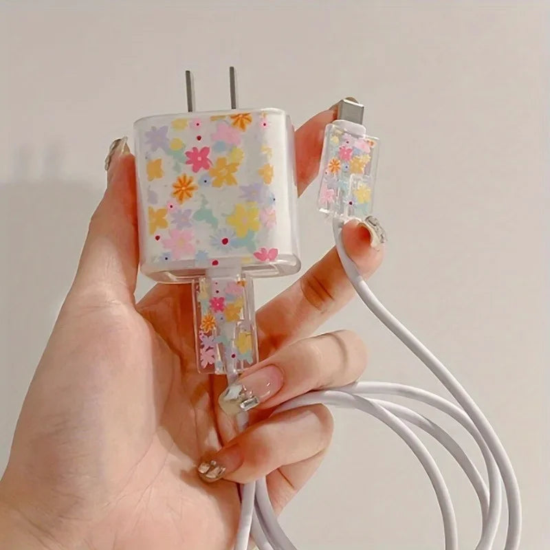 Fashion Flowers Print Charging Data Cable Protector Case For iPhone 18W 20W Charger Protective Cover Winder Accessories Sleeve