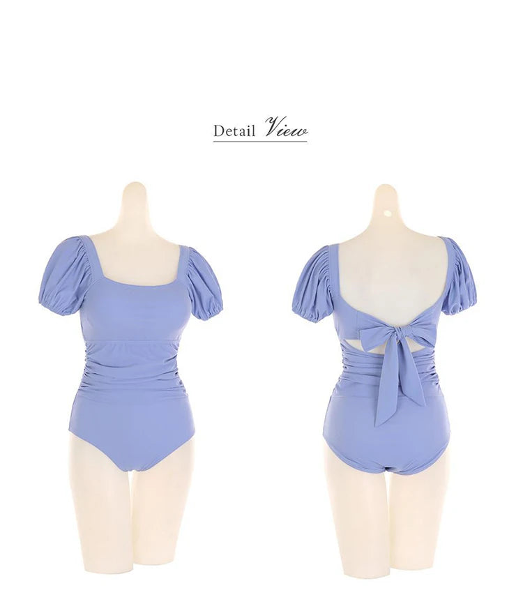 2026 New Women's One-Piece Swimsuit Short Sleeve Thermal Spring Soaking Slimming Waist Cinching Small Chest Student Tie-Bind