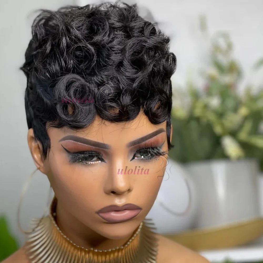 Short Deep Wave Pixie Cut Human Hair Wig Brazilian Remy Wig 180 Density Easy Daily Wear for Black Women