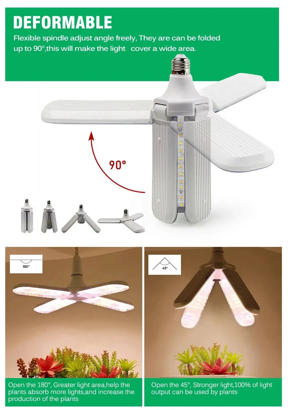 48W Fan Leaf Foldable LED Grow Light Full Spectrum E27 Plant Growing Light Phytolamp Bulb Indoor Plants Flower Seedling