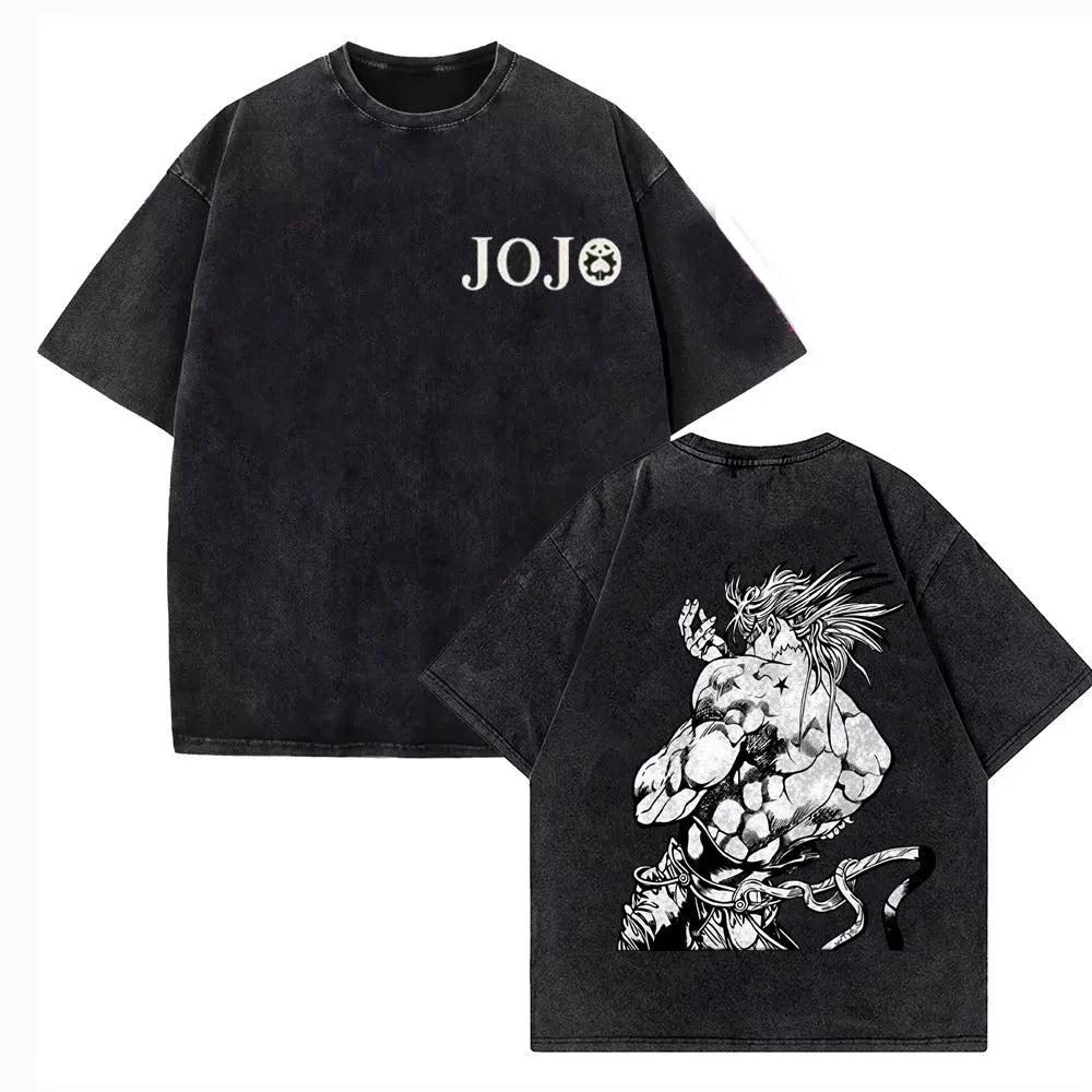 Vintage Washed TShirt Men JoJo Bizarre Adventure Gyro Zeppeli Streetwear T-shirt Anime Print Cotton Casual Short Sleeve Tshirt