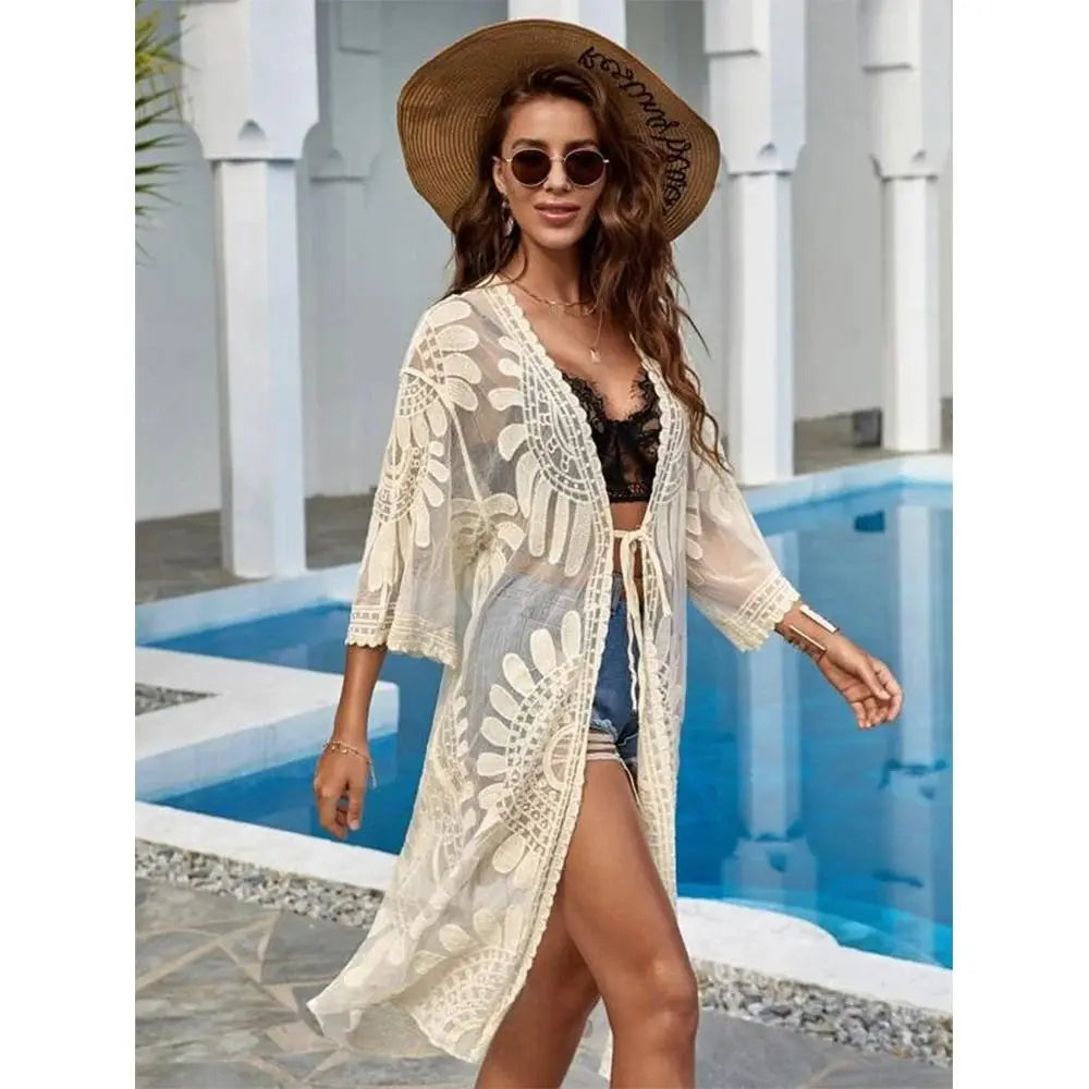 New Sun Protection Bikini Cover up V-Neck Sunflower Woman Bikini Cover-up Embroidered Lace Swimsuit Spring Summer