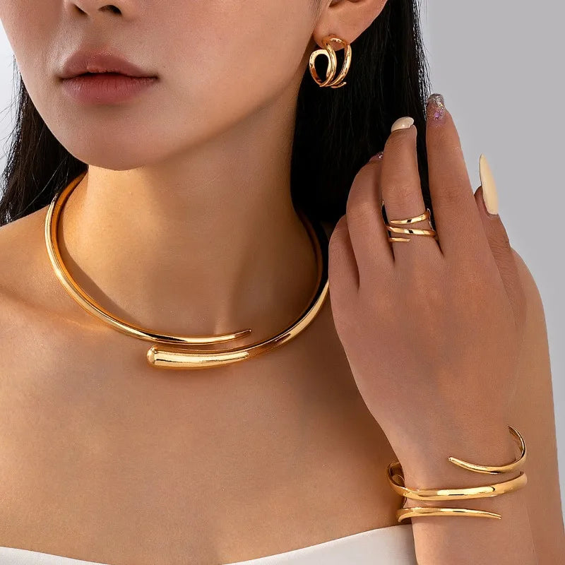 2025 Fashion Jewelry Set - Versatile Elegant Open Collar + Irregular Ring + Earrings + Bracelet M410