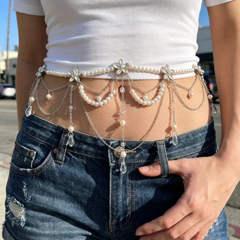Fashionable Multi-Layer Pearl Tassel Waist Chain for Women Elegant Floral Body Chain Summer Holiday Accessory Gentle Style